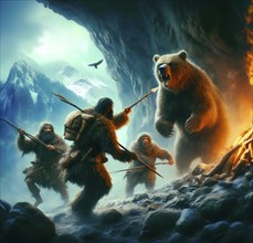 Prehistory, prehistoric times, ice age, an extinct cave bear is attacked by ice age hunters, AI