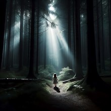 A little girl stands in a beam of light in a dark forest, symbolic image mystical, alone, afraid,