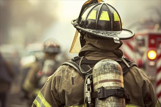 Back view of firefighter with helmet and oxygen flask. KI generiert, generiert, AI generated