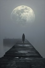 Silhouette of a lonely, sad woman on a concrete footbridge on a foggy full moon night, symbolic