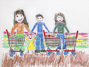 A family with a shopping trolley in a supermarket, drawing, coloured pencil drawing by a child of