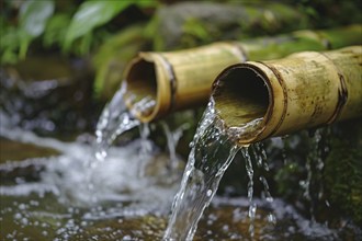 Water flowing through wooden bamboo pipes. KI generiert, generiert, AI generated