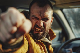 Angry, unnerved, aggressive, screaming man sitting behind the steering wheel and gesticulating