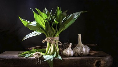 A bunch of wild garlic with garlic on an old wooden table, diffuse light, wild garlic, Allium