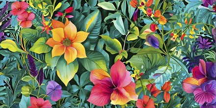 Illustration background of lush floral pattern with vivid flowers and leaves, AI generated