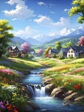 AI generated illustration of colorful countryside houses nestled in a spring or summer scenery with