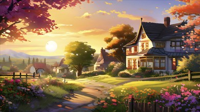 AI generated illustration of colorful countryside houses nestled in a spring or summer scenery with