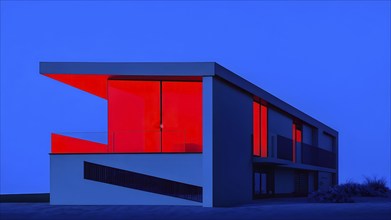 AI generated minimalistic architecture house design in blue and red structure with dark blue