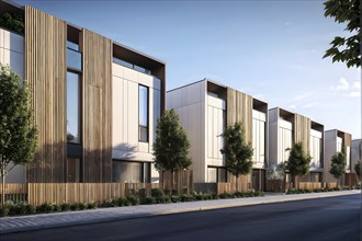 AI generated row of modern modular private townhouses featuring wooden cladding distinct panels