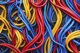 Data cable, power cable, cable clutter, cable clutter, in different colours, format-filling, AI