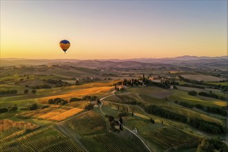 Hot air balloon drifting above undulating tuscan hills in sunsets golden light, AI generated