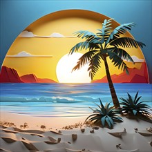 Minimalistic paper art illustration of a tropical beach with blue ocean and palm trees, AI