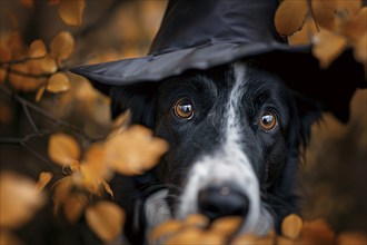 Close up of face of dog with Halloween costume witch hat between colorful autumn leaves. Generative