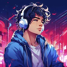 Anime style portrait of a boy with large headphones engulfing his ears, AI generated