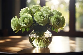 Vase of green roses aligned on an aged oak wood table, AI generated