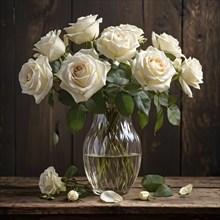 Vase of white roses aligned on an aged oak wood table, AI generated