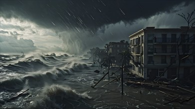 Hurricane with massive water flood battering coastal city, AI generated