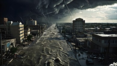 Hurricane with massive water flood battering coastal city, AI generated