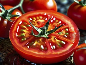 AI generated surreal food art blending a sliced tomato with vibrant textures