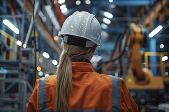 Back view of worker with safety helmet in factory. KI generiert, generiert, AI generated