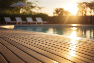 AI generated close up of a tranquil ambiance of empty wooden deck with swimming pool at sunrise