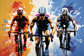 Illustration of dynamic cyclists mid action on a vibrant splash paint background, AI generated