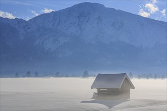 Hut in the snow in front of mountains, Schlehdorf, view of Jochberg, Alpine foothills, Upper