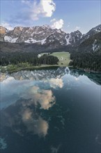 Aerial view of Lago Fusine with the Mangart massif in the background, Tarvisio, province of Udine,