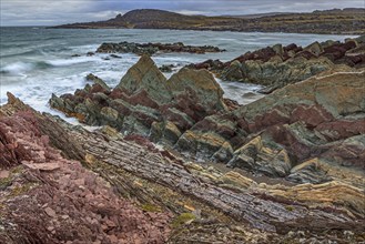 Colourful rocks, rock, coast, sea, waves, cloudy, Varanger Peninsula, Norway, Europe