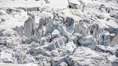 Rutted glacier ice with crevasses, high alpine mountain landscape, La Jonction, Chamonix,