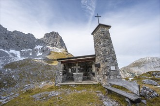 Lamsenjoch Chapel, memorial for mountaineers who died in an accident, in autumn, rocky summit of