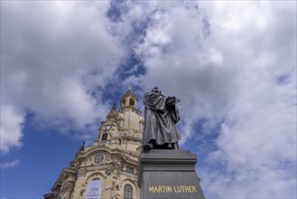 Martin Luther monument, behind it the Church of Our Lady, Dresden, Saxony, Germany, Europe