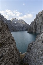 Mountain lake Kol Suu rocky steep mountains, Kol Suu Lake, Sary Beles Mountains, Naryn Province,