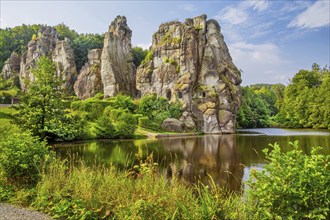 Externsteine at the Wiembecketeich, sandstone rock formation. Horn-Bad Meinberg, Teutoburg Forest,