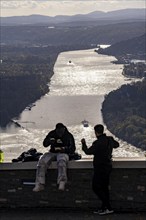 View from the Drachenfels plateau, on the Rhine to the south, tourists, the Drachenfels is a