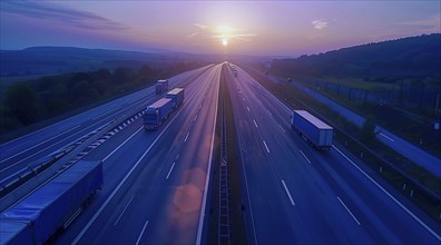 Long haul container truck carrying commercial cargo delivery between cities on a freeway, AI