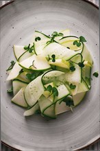 Spring, green salad, cucumber with apple, top view, close-up, no people, microselen radish, healthy