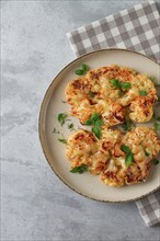 Steak, cauliflower, with cheese, spices, homemade, on a light gray table, close-up, top view,