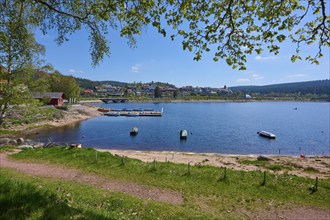 Picturesque Schluchsee with boats on the shore, surrounded by green meadows and houses in the