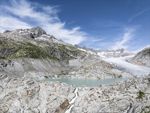 Rhone glacier, valley glacier in the headwaters of the Rhone in the Swiss Alps. Melting glacier,