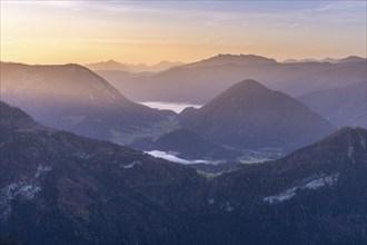 View from the Loser to the mountains and Grundlsee in the background. In the morning at sunrise.