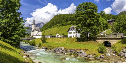 Church of St Sebastian in the Bavarian Alps Panorama in Ramsau near Berchtesgaden, Germany, Europe