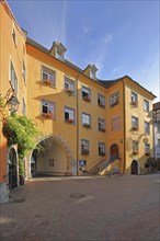 Orange town hall with archway, Meersburg, Obersee, Lake Constance, Lake Constance area,