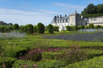 Garden with colourful flowers and green bushes in front of a castle on a sunny day, Villandry