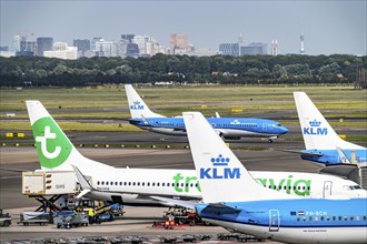 Amsterdam Schiphol Airport, aeroplanes on the taxiway, at the terminal, Gate D, check-in, apron,