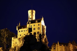 Lichtenstein Castle, night shot, artificial light, fairytale castle of Württemberg, illuminated,