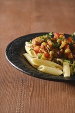 Close-up view of plate with beef stew with vegetables and spicy sauce with pasta