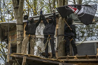 Tree houses with Antifa activists, protest action against the demolition of the village of