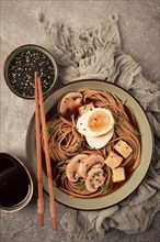 Asian soba soup, with mushrooms and egg, cheese, sesame seeds, homemade, no people