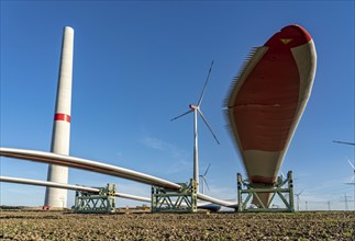 Wind farm near Bad Wünnenberg, construction site, toothing on the rotor blades, so-called